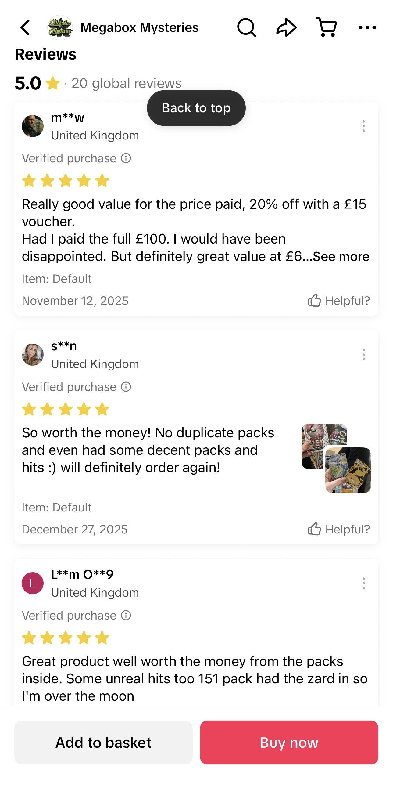 Product reviews on a shopping app with ratings and text feedback.