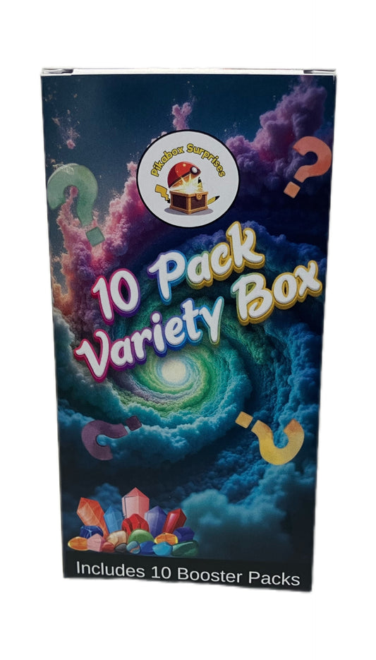 10 Pack Variety Box packaging with colorful design and text on a white background