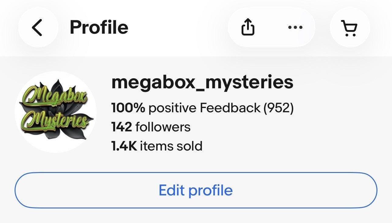 Profile page of 'megabox_mysteries' with profile details and options on a white background.