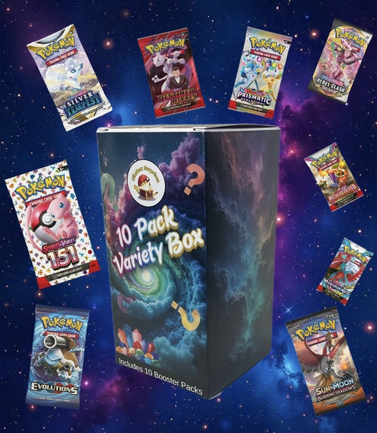 Pokémon trading card game booster packs and a variety box on a space-themed background