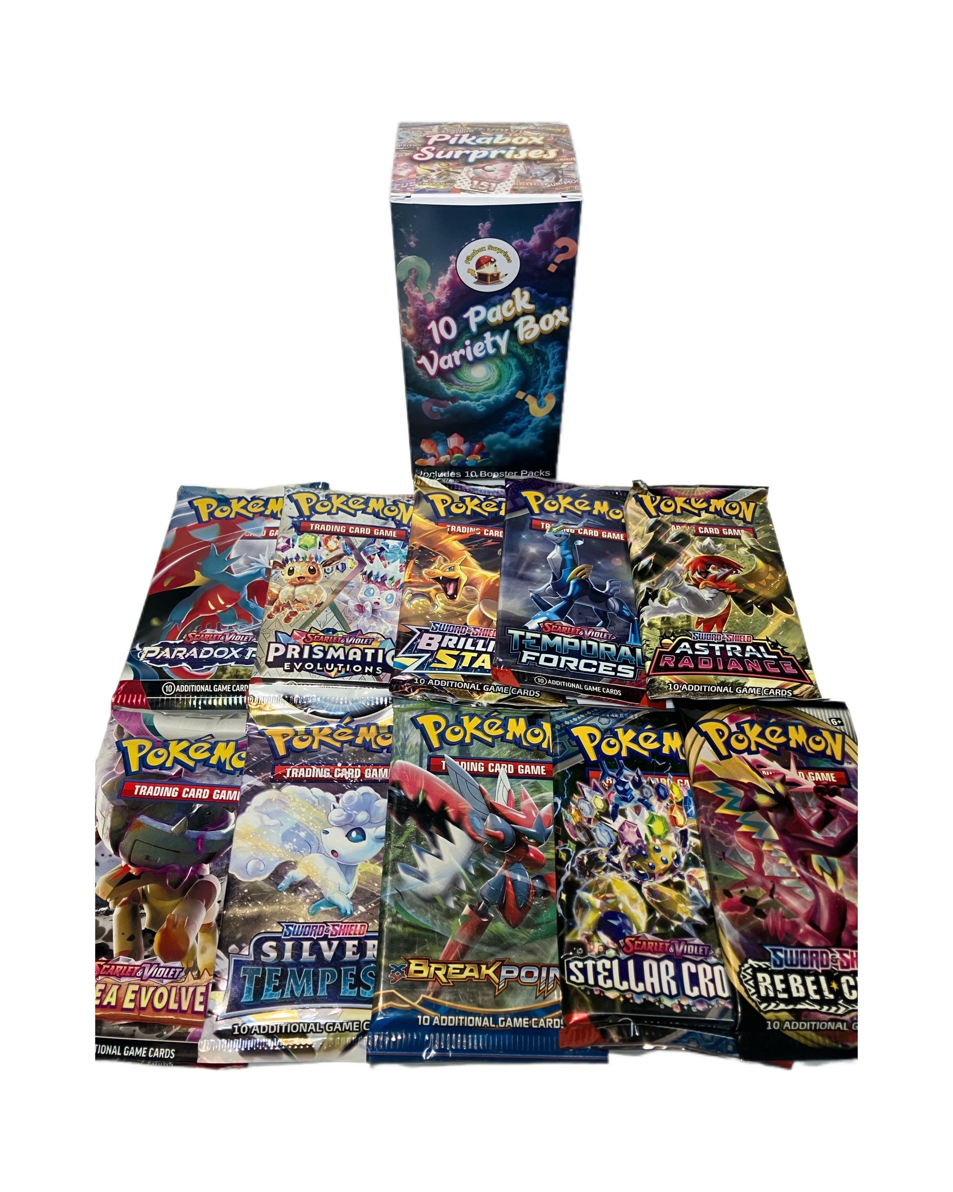 Collection of various Pokémon trading card game packs on a white background